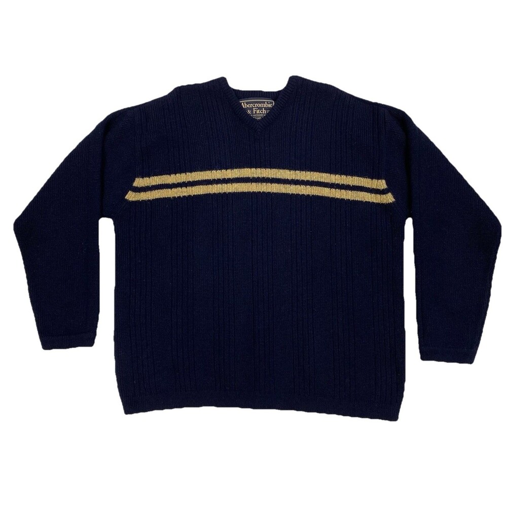 Vintage Abercrombie & Fitch Wool Sweater L Navy Gold Stripe Made in Hong Kong